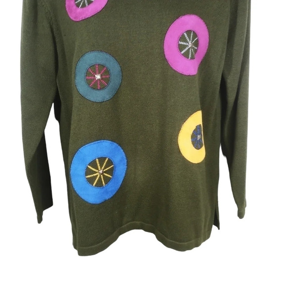 Moffi Boho  Bohemian Retro Knit Shirt with Circle Designs Olive Green M - Picture 3 of 8